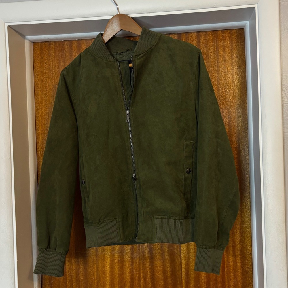 Banana Republic Olive Green Vegan Suede Bomber Jacket Mens Small Full Zip Ribbed